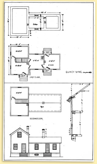interior drawing of Quincy Mining Company worker housing